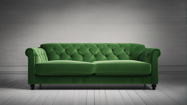 Ein hyperrealistisches grünes Sofa mit hellgrünem Wandhintergrund 8k