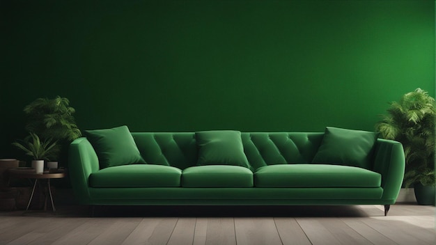 Ein hyperrealistisches grünes Sofa mit hellgrünem Wandhintergrund 8k