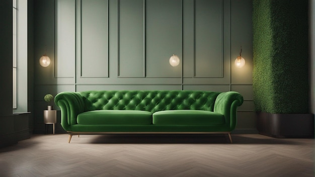 Ein hyperrealistisches grünes Sofa mit hellgrünem Wandhintergrund 8k