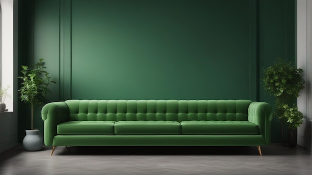 Ein hyperrealistisches grünes Sofa mit hellgrünem Wandhintergrund 8k