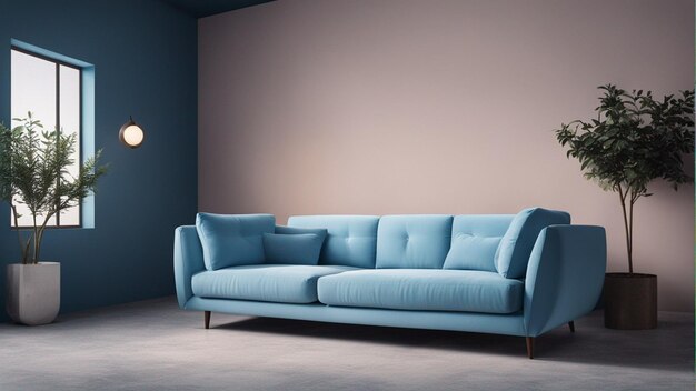 Foto ein hyperrealistisches himmelblaues sofa mit hellblauem wandhintergrund 8k