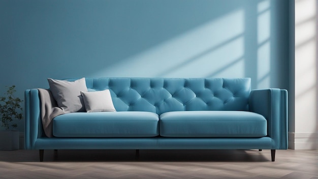 Ein hyperrealistisches himmelblaues Sofa mit hellblauem Wandhintergrund 8k