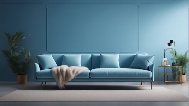 Ein hyperrealistisches himmelblaues Sofa mit hellblauem Wandhintergrund 8k