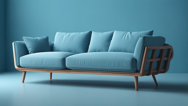 Ein hyperrealistisches himmelblaues Sofa mit hellblauem Wandhintergrund 8k