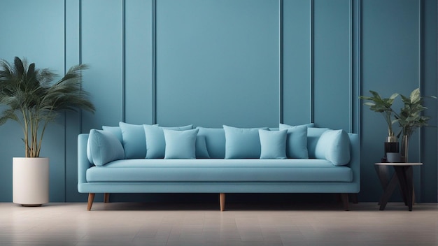 Ein hyperrealistisches himmelblaues Sofa mit hellblauem Wandhintergrund 8k