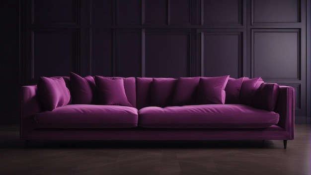 Ein hyperrealistisches lila Sofa mit schwarzem Wandhintergrund 8k