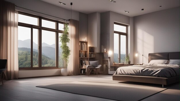 Ein hyperrealistisches modernes Schlafzimmer mit Fenster 8k