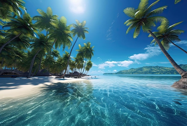 ein idyllischer tropischer Strand mit Palmen im blauen Wasser im Stil von hellweiß und crimson