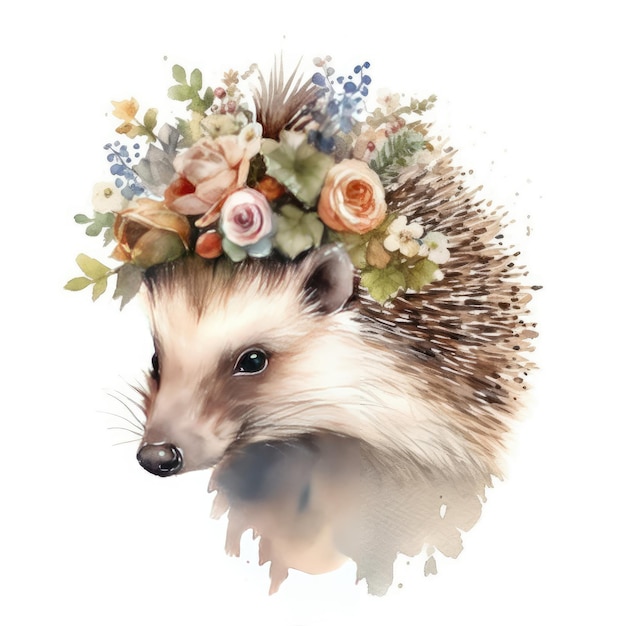 Ein Igel mit einer Blumenkrone auf dem Kopf