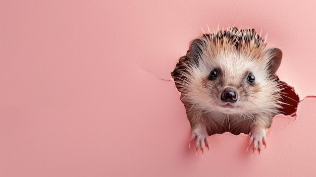 ein Igel schaut aus einer rosa Wand