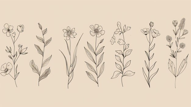 Ein Illustrationsdesign mit botanischen Elementen Linienkunstillustrationen von Blumen, Laub, Zweigen, Blättern und Wildblumen