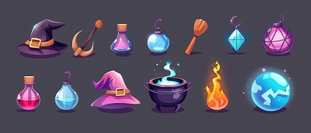 Ein Illustrationssatz von Fantasie-Kesseln mit glühenden Tränke, Zaubererhüten, Holzstäbchen, Glückskugeln und Glaszwiebeln mit Elixieren