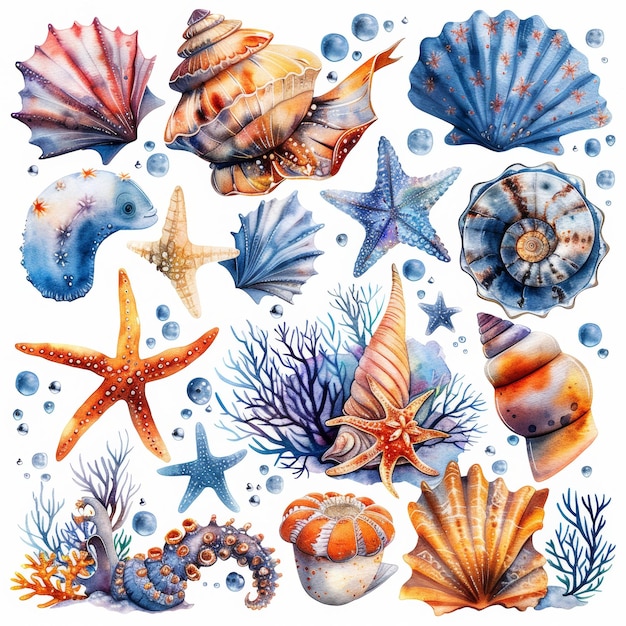 Foto ein illustrationssatz von meerestieren, korallen, algen und meerestieren mit aquarell auf weißem hintergrund