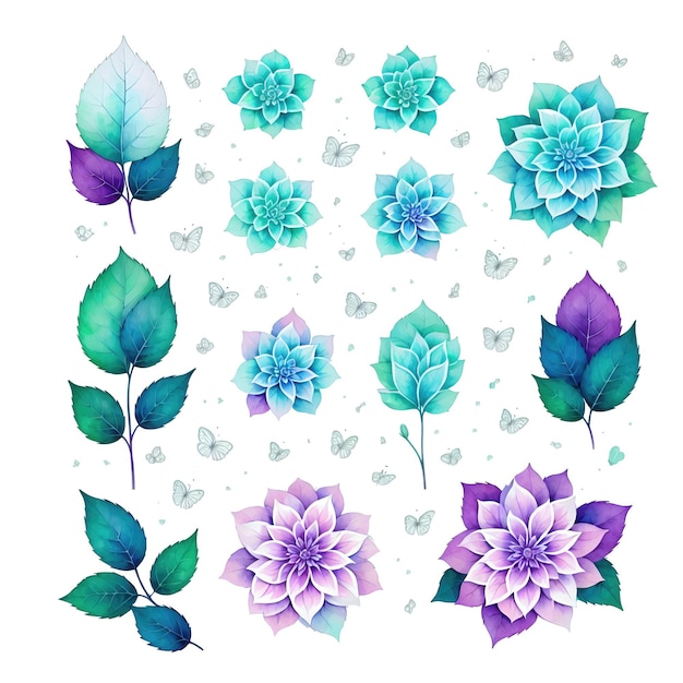 Ein Illustrationsset mit schönen Blumen und Blättern