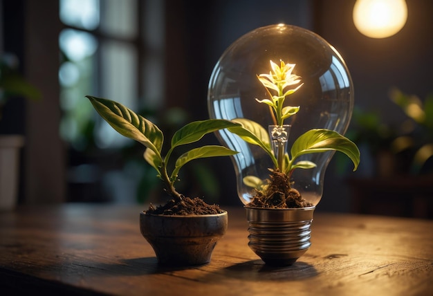 Ein illustratives Mixed-Media-Kunstwerk mit einer Glühbirne und einer Pflanze, die darin wächst