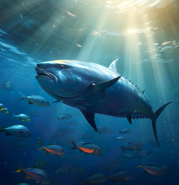 Ein illustrierter großer Thunfisch schwimmt im Wasser, während die Sonne durch das Wasser scheint