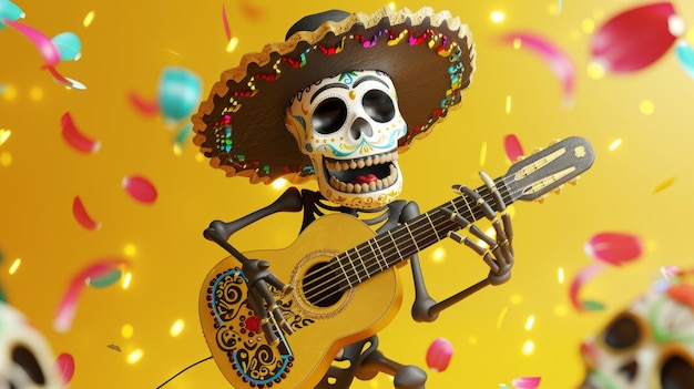 Ein illustriertes Skelett spielt Gitarre auf einer Bühne mit Tag der Toten-Dekorationen und Blütenblättern, die auf einem gelben Hintergrund herumfliegen