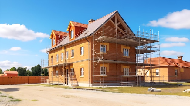 Ein im Bau befindliches Haus mit einem Gerüst darum herum.