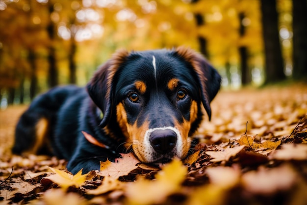 Ein im Laub liegender Hund mit dem Wort „Berner Berg“ auf der Vorderseite.