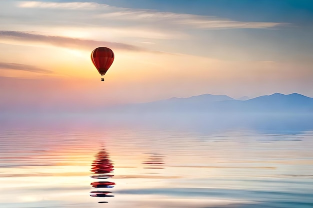 Ein im Wasser schwebender Heißluftballon mit Bergen im Hintergrund