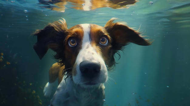 Ein im Wasser schwimmender Hund mit dem Titel „Hund“