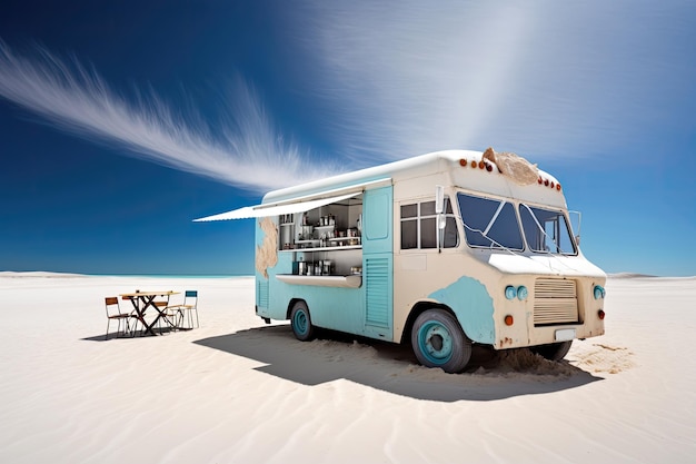Ein Imbisswagen, der an einem einsamen Strand geparkt ist und dessen Sand und Meer einen ruhigen Hintergrund bieten. Generative KI