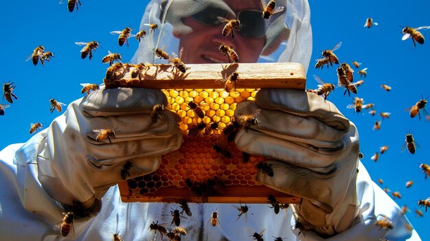 Ein Imker hält einen Honigstockrahmen, während Bienen im hellen Sonnenlicht schwärmen