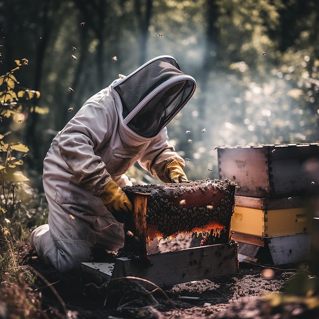 ein Imker in einem speziellen Anzug für bakteriologischen Schutz arbeitet mit Bienenstöcken.