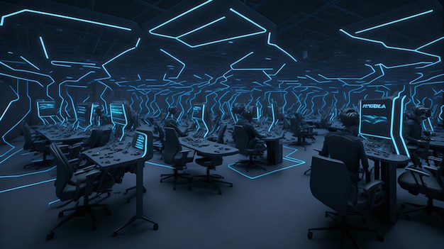 Ein immersiver Gaming-Hall mit Virtual-Reality-Headsets und interaktiven Gaming-Stationen