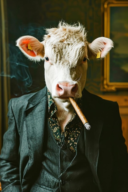 Ein in Anzug gekleideter Mann mit einer großen Zigarre im Mund, der für ein Foto posiert