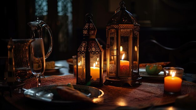 Ein in Goldtönen dekorierter Iftar-Tisch mit leuchtenden Kerzen und Laternen