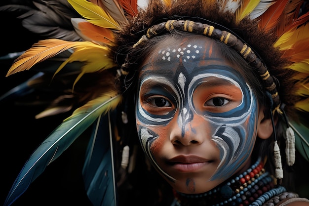 Ein indianischer Junge mit Farbe und traditioneller Kleidung