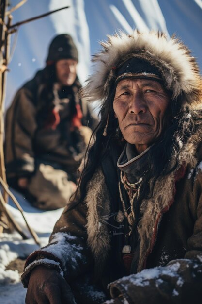 Foto ein indianischer mann sitzt im schnee dieses bild kann verwendet werden, um einheimische kulturen, winterszenen oder einsamkeit in der natur darzustellen