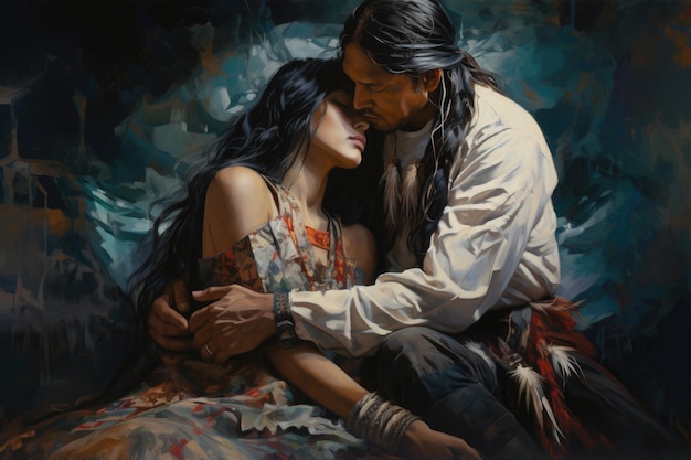 Ein indigener Mann und eine indigene Frau in traditioneller Stammeskleidung umarmen sich