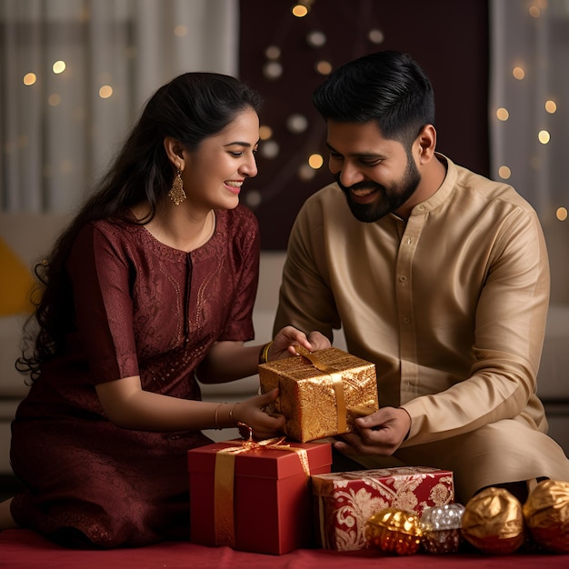 Ein indischer Bruder, der seiner indischen Schwester auf Raksha Bandhan ein Geschenk macht