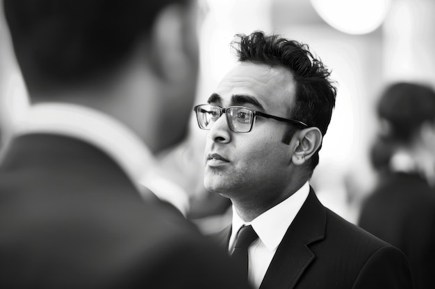 Ein indischer Geschäftsmann, der sich während eines formellen Treffens tief in ein Gespräch vertieft
