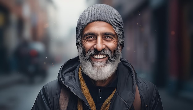 Ein indischer Mann in dunklen Kleidern lächelt auf der Straße