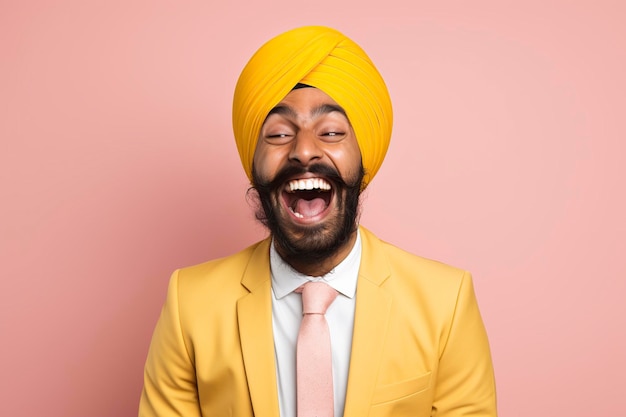 ein indischer Mann in Turban und Anzug lacht glücklich