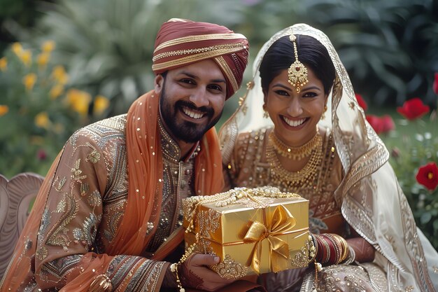 Foto ein indischer mann und eine indische frau stellen sich für ein bild mit einem goldgeschenk zur hochzeit auf