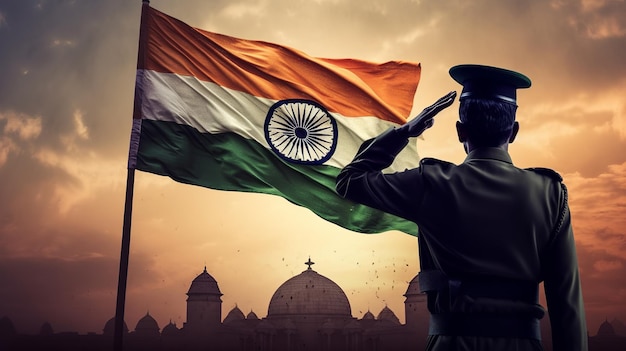 Ein indischer Soldat, der mit der indischen Flagge im Hintergrund salutiert
