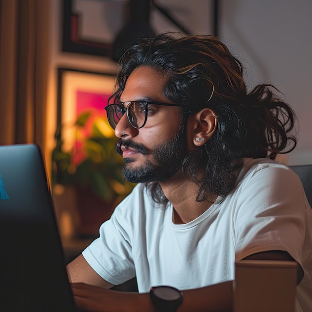 Ein indischer Typ arbeitet von zu Hause an einem Computer