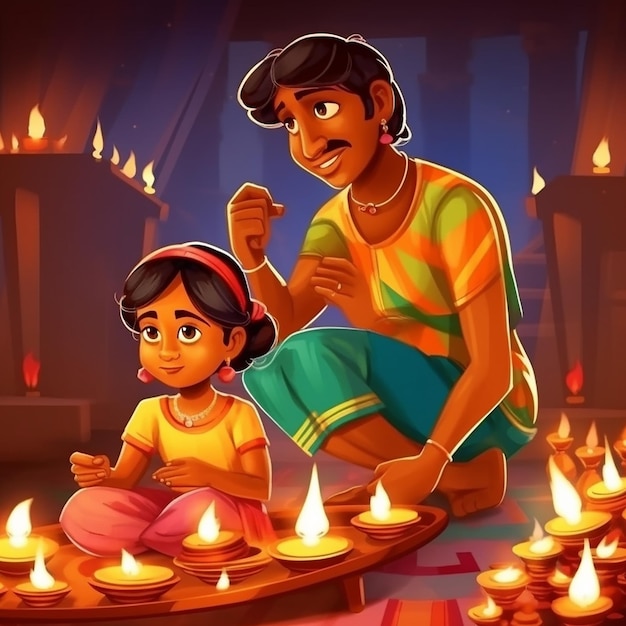 Ein indischer Vater und seine Tochter zünden eine Diwali-Öllampe an. Zeichentrickfilm-Vektorillustration