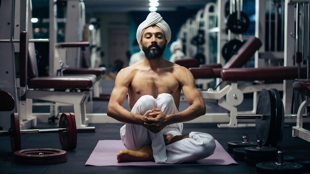 Foto ein indischer yogi sitzt und hält die füße zusammen im fitnessstudio