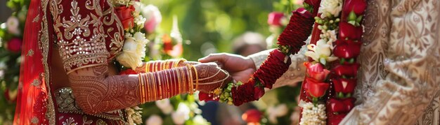 Foto ein indisches brautpaar in traditioneller hochzeitskleidung tauscht sich girlanden aus