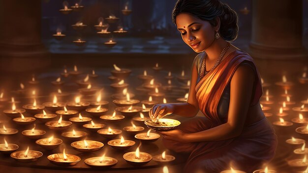 Ein indisches Mädchen beleuchtet Lampen für das Diwali-Festival 3D-Illustration Generative Ai