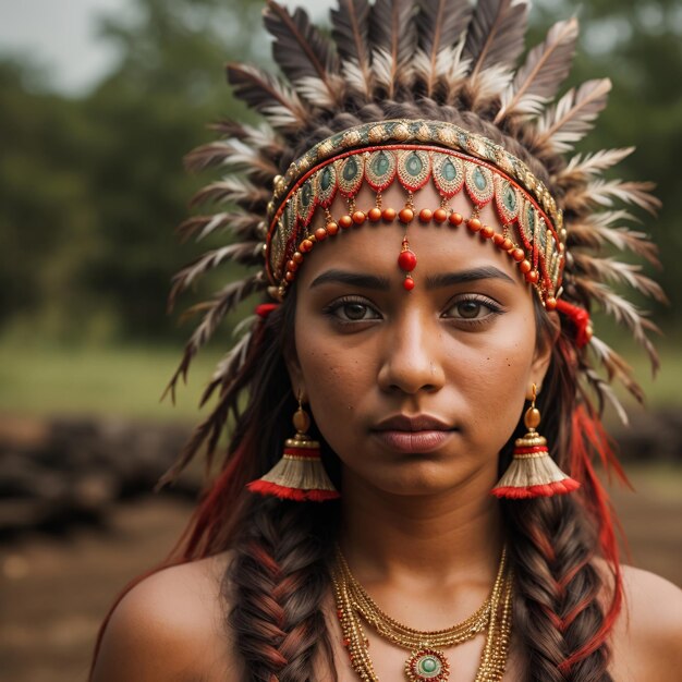 Foto ein indisches mädchen mit einem roten kopftuch und einem roten kopftuch schaut in die kamera