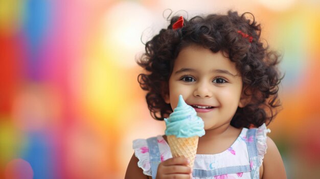 Ein indisches POC-Kindchen genießt den lebendigen Regenbogen-Eis-Kegel-Kopierraum