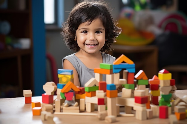 Ein indisches süßes kleines Mädchen spielt mit einem bunten Baublock-Spielzeug auf dem Tisch