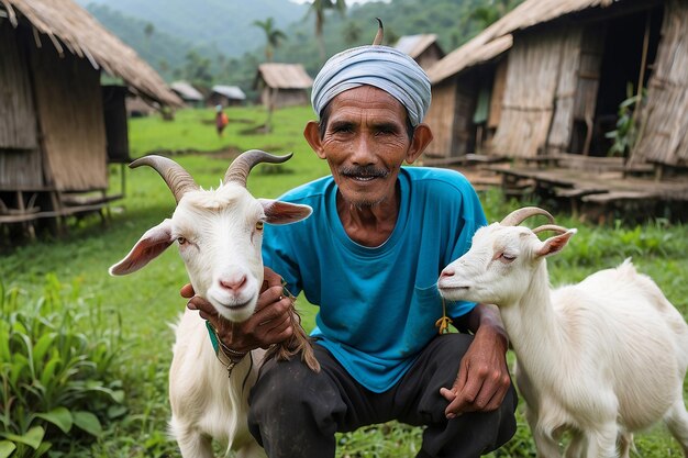 Ein indonesischer Dorfbewohner mit seiner Ziege