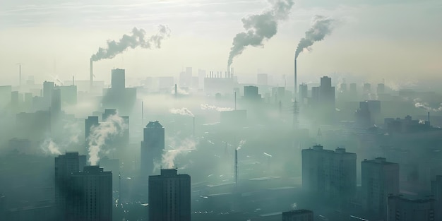 Foto ein industrielles stadtbild mit fabrikverschmutzung unter einem nebligen, smoggefüllten himmel konzept stadtbildfotografie industrielle verschmutzung stadtumgebung smogwirkungen atmosphärbedingungen